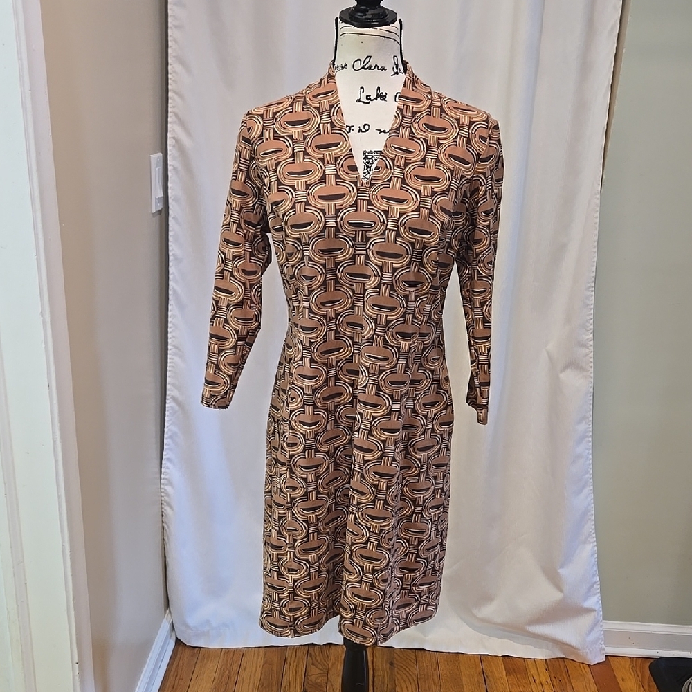 J.McLAUGHLIN ▪︎ Womens V Collar Geometric Patterned Dress, Browns, Size Lg, EUC